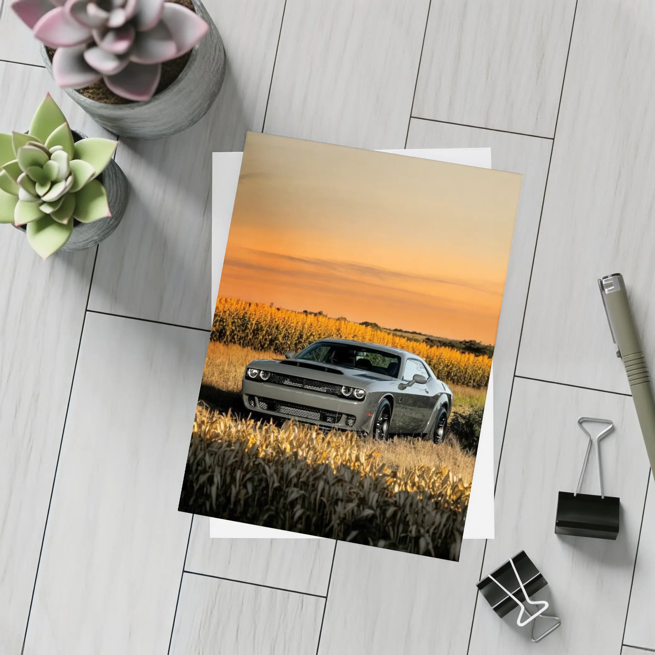 Dodge Challenger Hellcat Golden Field Sunset – Postcards