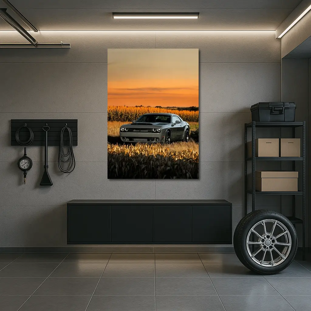 Dodge Challenger Hellcat Golden Field Sunset – Wall Art