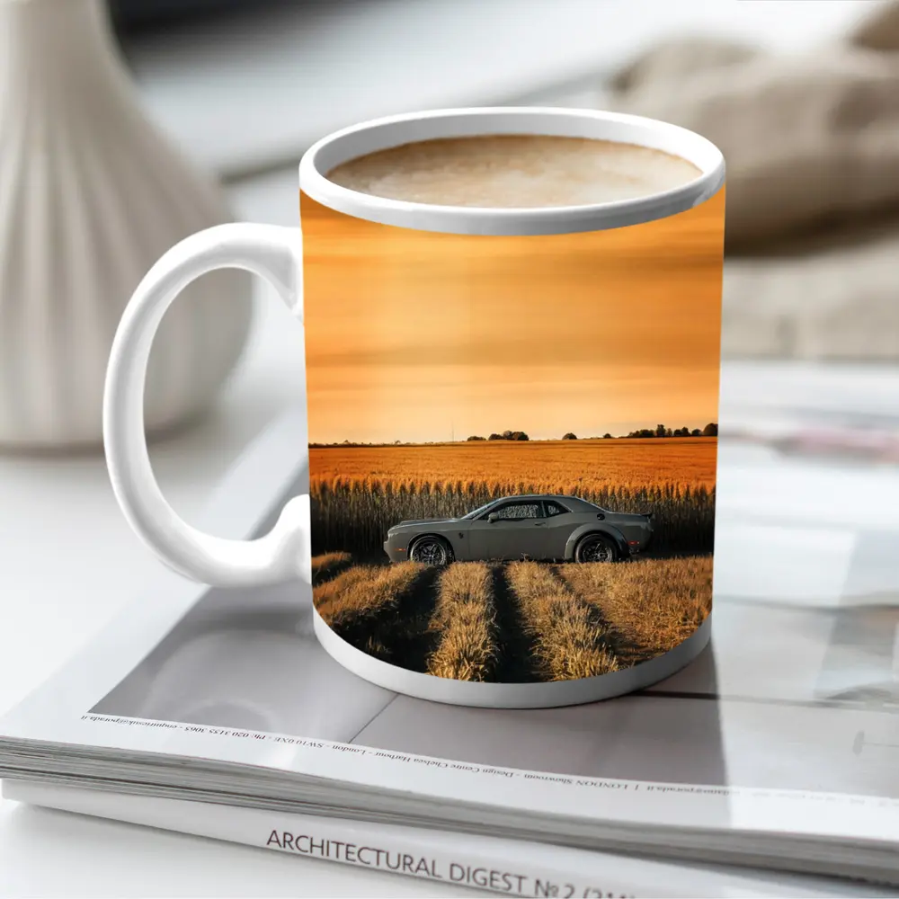 Dodge Challenger Parked in Golden Wheat Field – Mugs