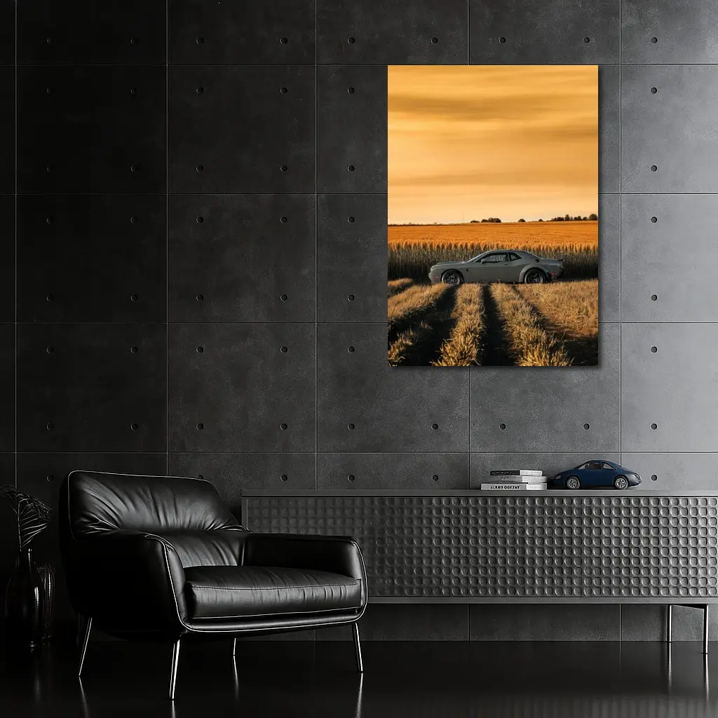 Dodge Challenger Parked in Golden Wheat Field – Wall Art
