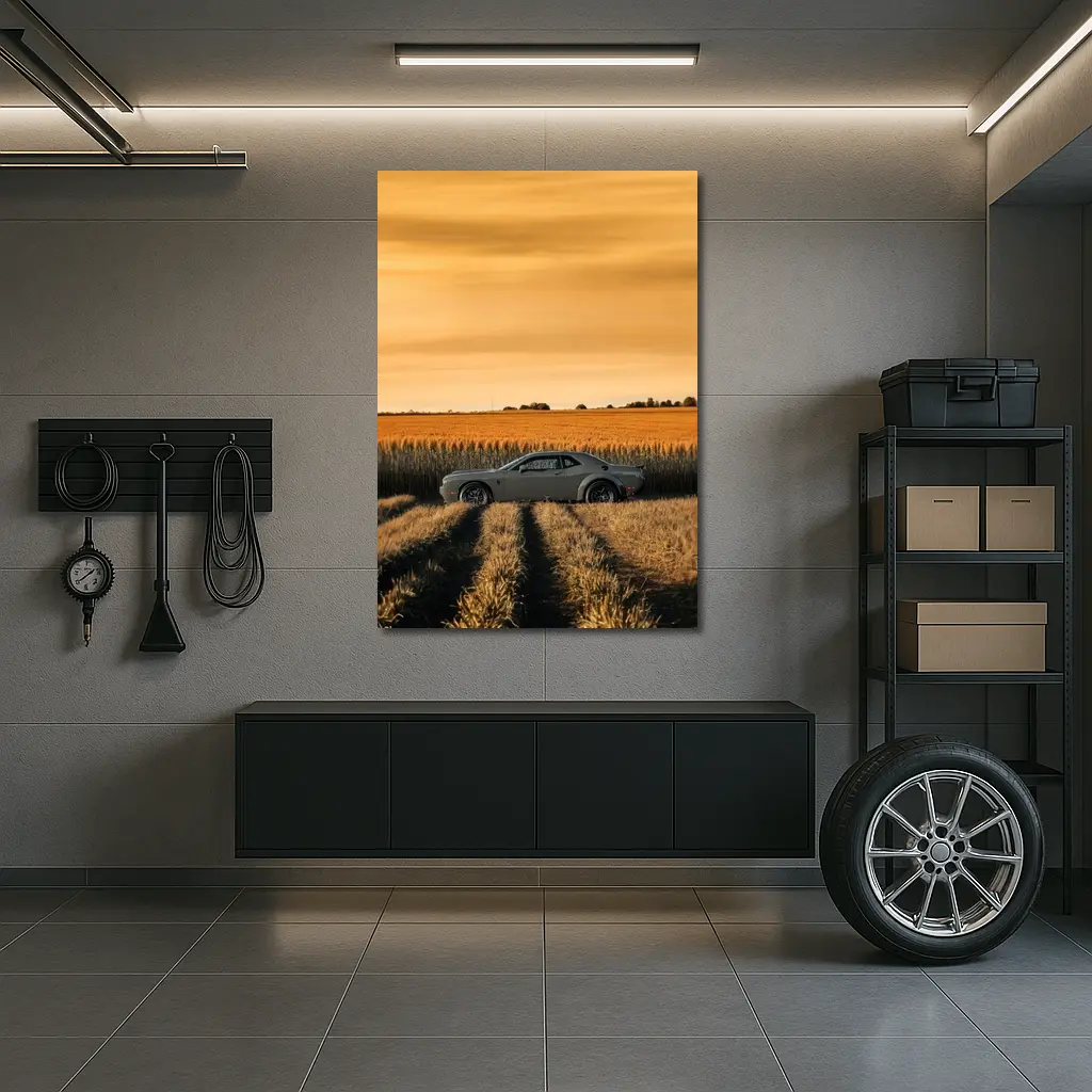 Dodge Challenger Parked in Golden Wheat Field – Wall Art