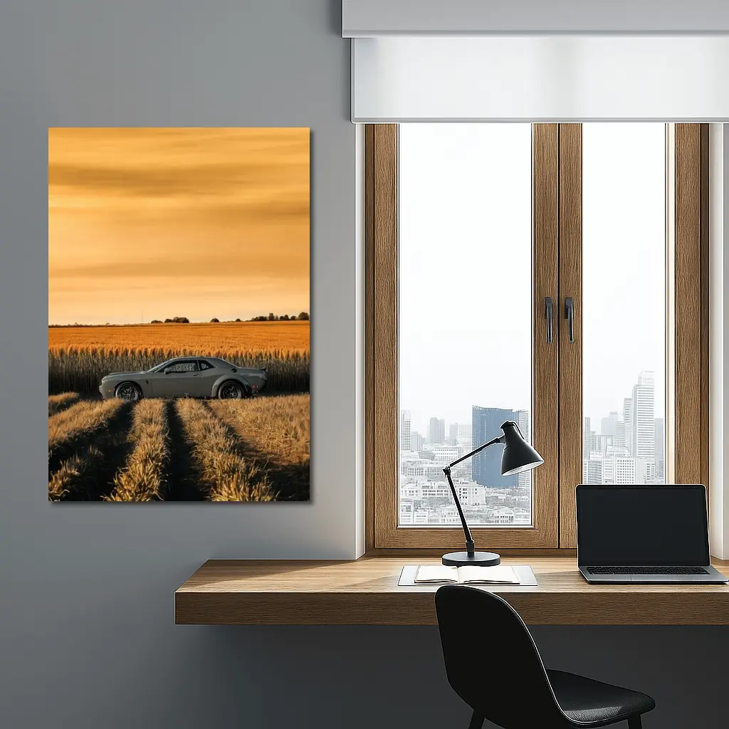 Dodge Challenger Parked in Golden Wheat Field – Wall Art