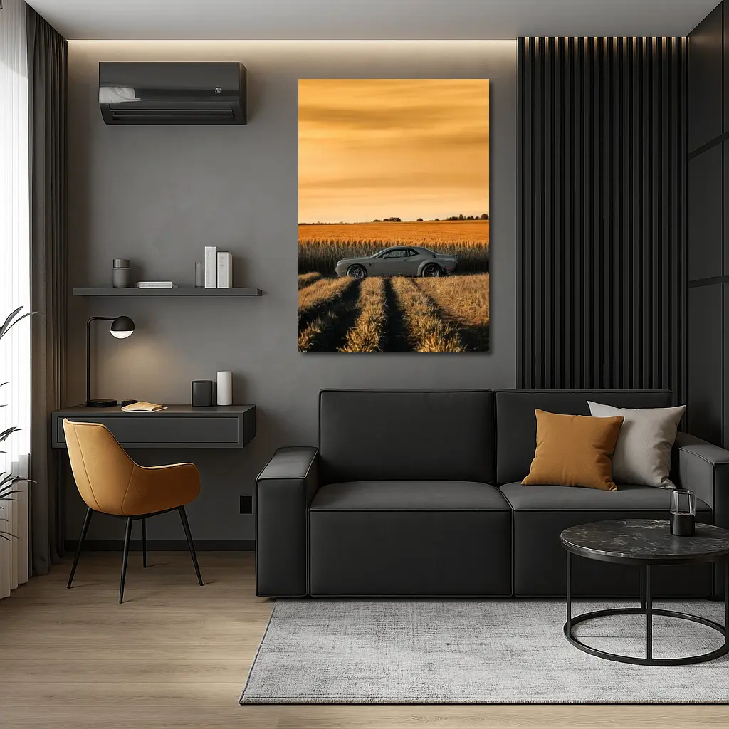 Dodge Challenger Parked in Golden Wheat Field – Wall Art