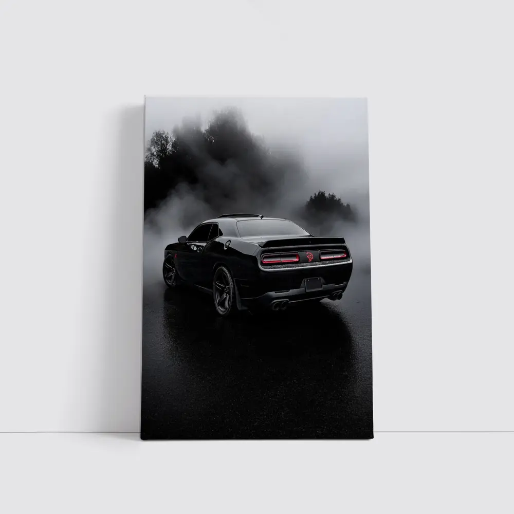 Dodge Challenger Black Muscle Car Foggy Rain – Wall Art