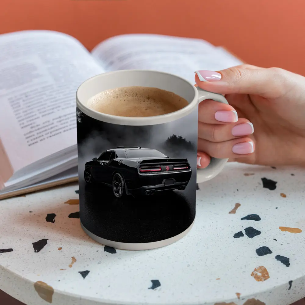 Dodge Challenger Black Muscle Car Foggy Rain – Mugs