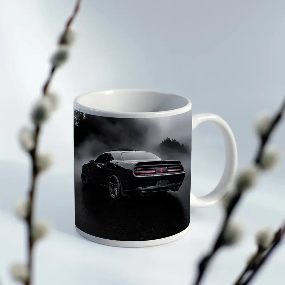 Dodge Challenger Black Muscle Car Foggy Rain – Mugs