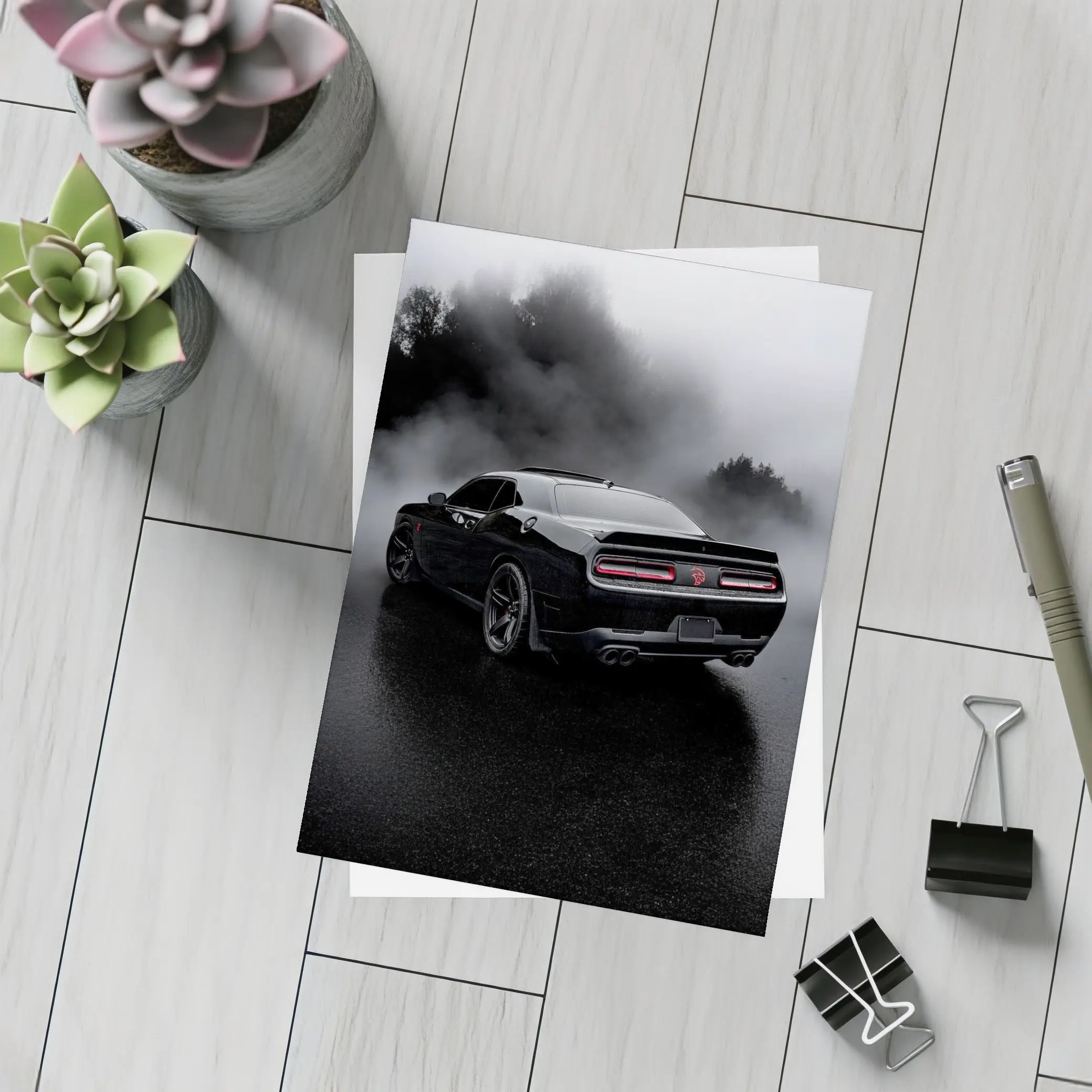 Dodge Challenger Black Muscle Car Foggy Rain – Postcards