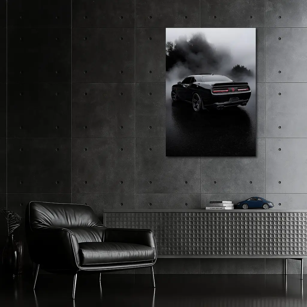 Dodge Challenger Black Muscle Car Foggy Rain – Wall Art