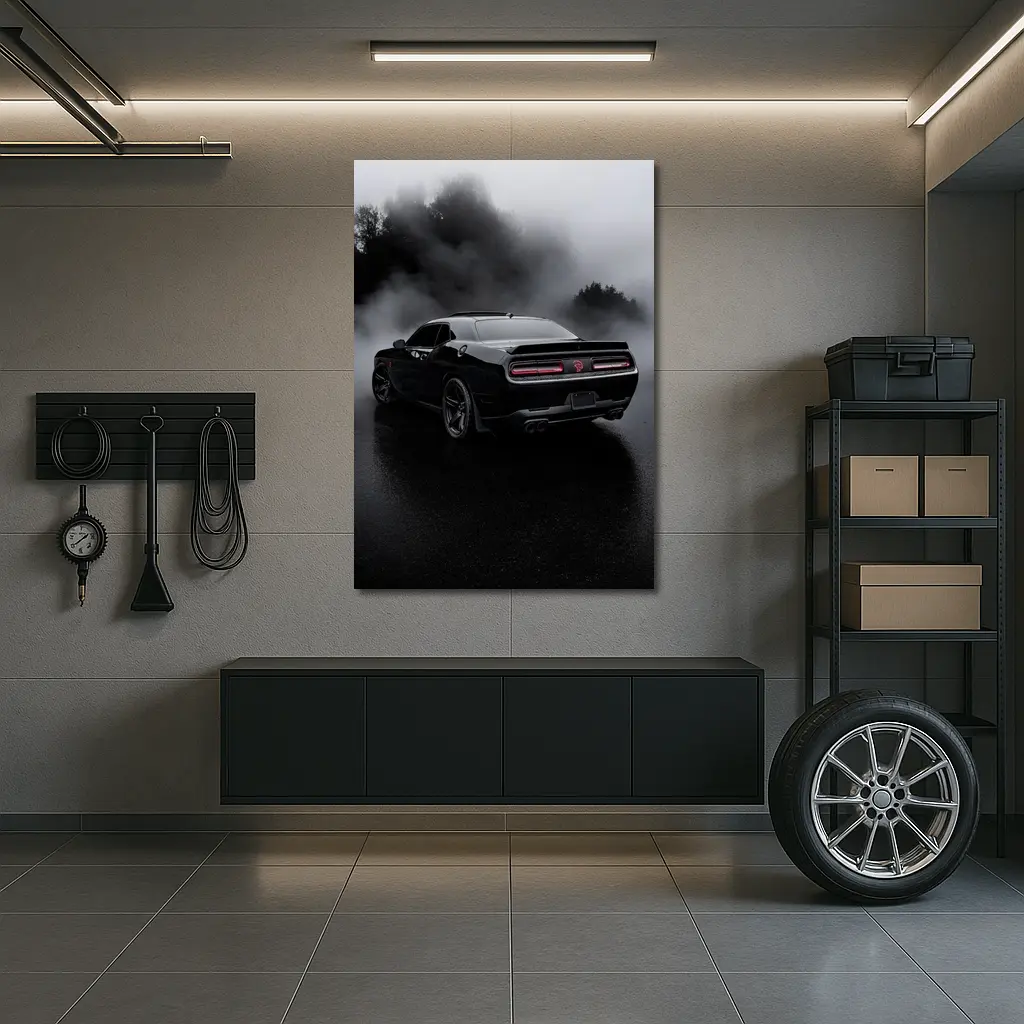Dodge Challenger Black Muscle Car Foggy Rain – Wall Art