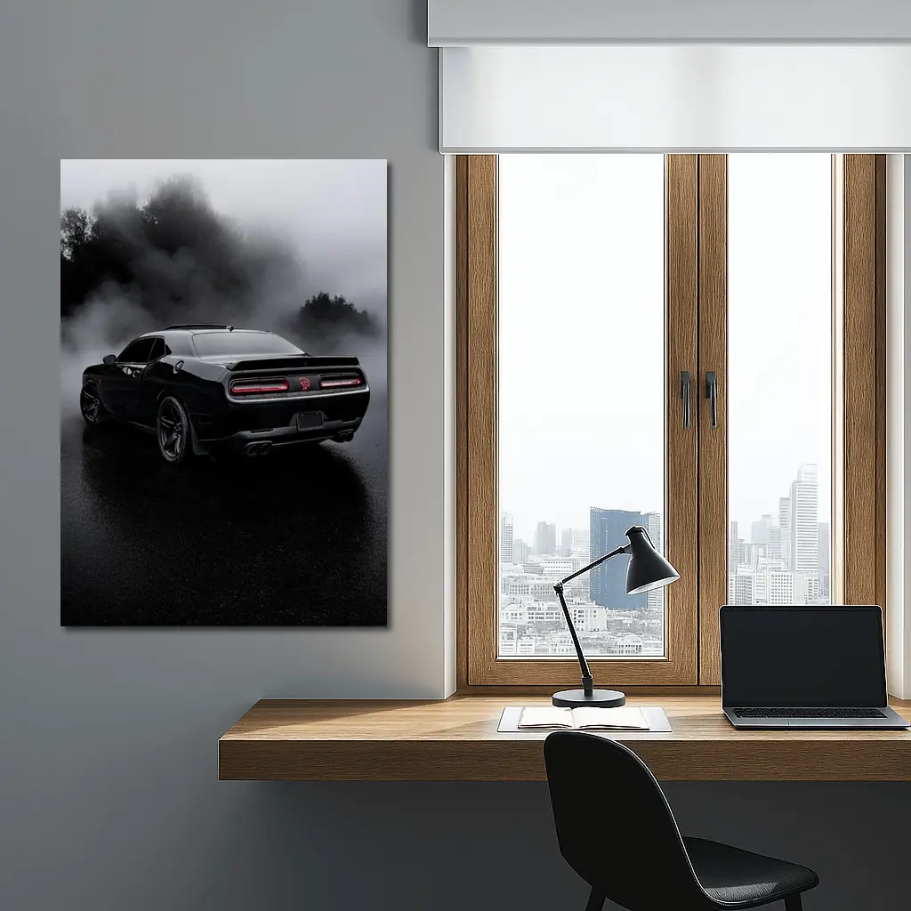 Dodge Challenger Black Muscle Car Foggy Rain – Wall Art