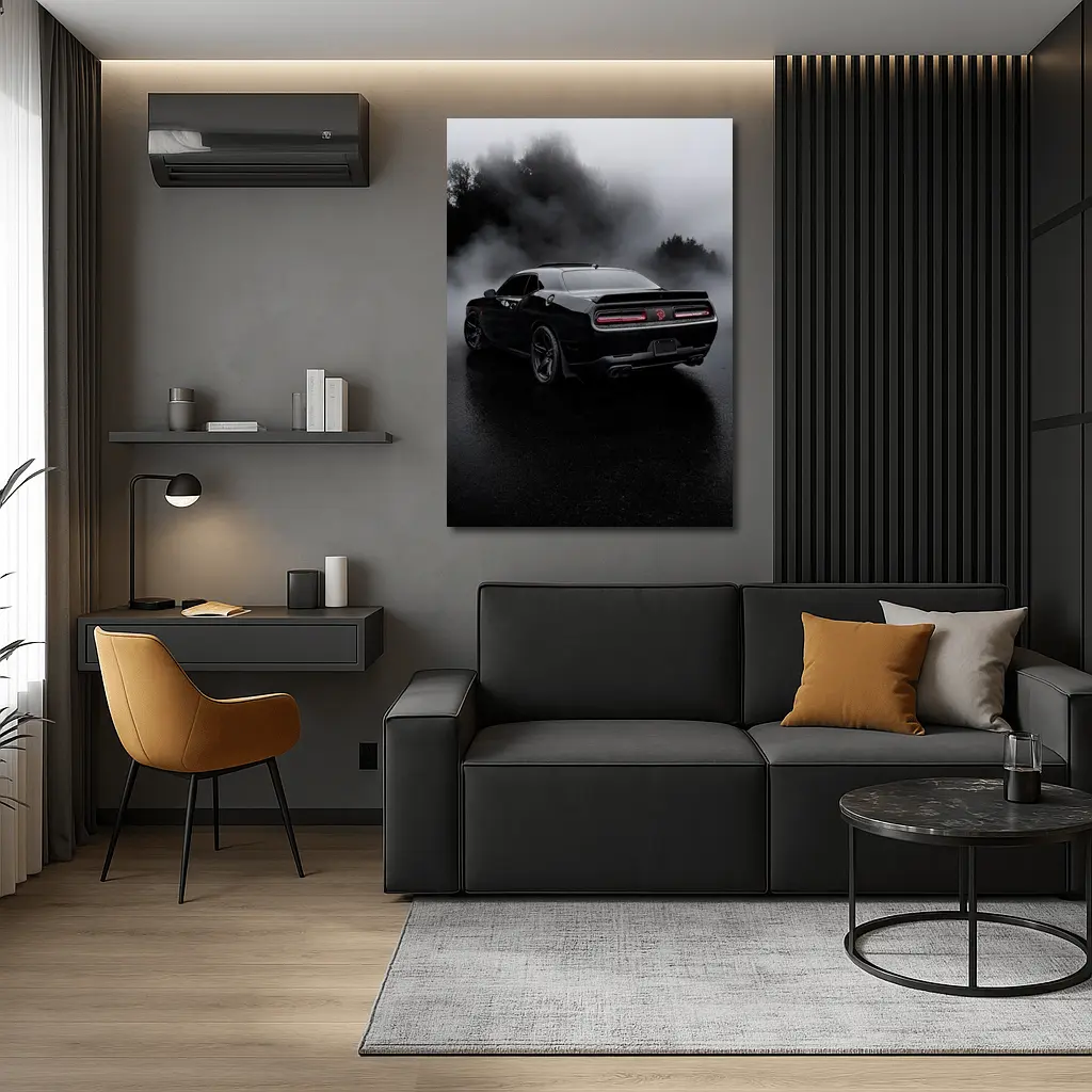 Dodge Challenger Black Muscle Car Foggy Rain – Wall Art