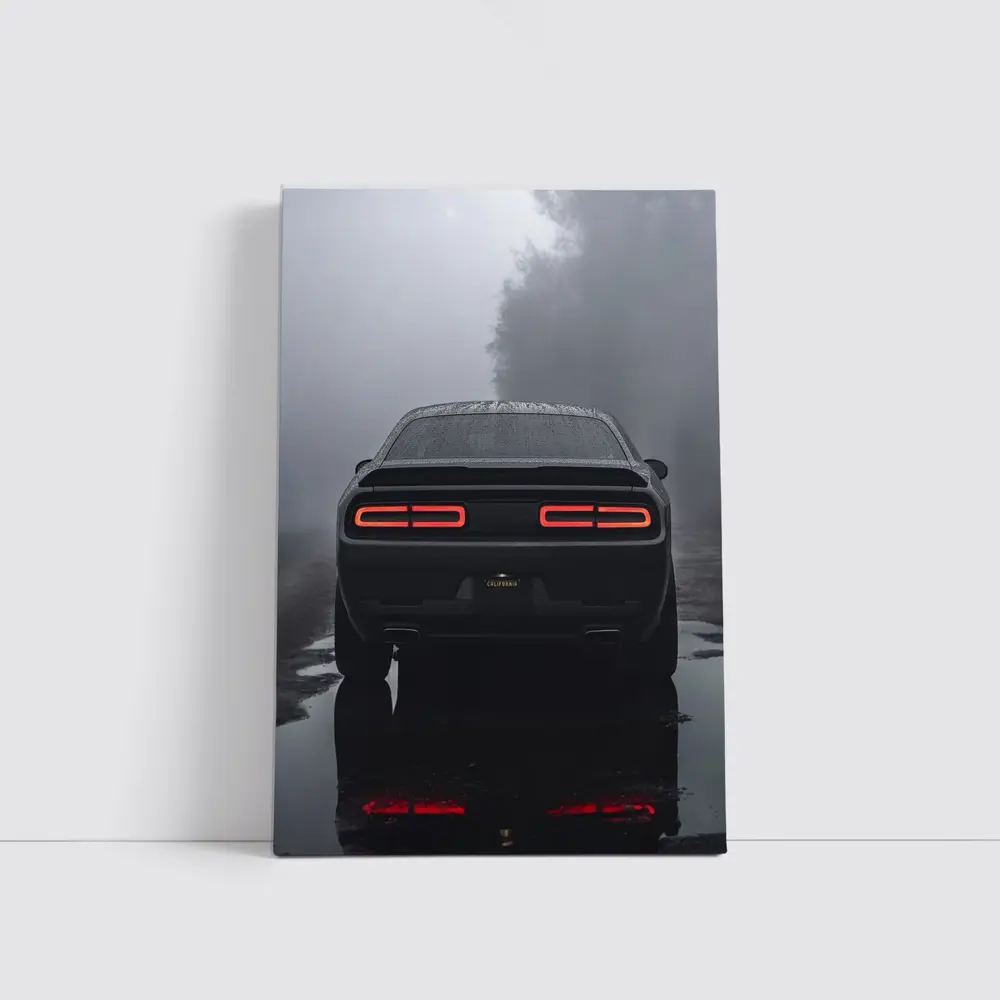Dodge Challenger Rear View Foggy Rainy Road – Wall Art
