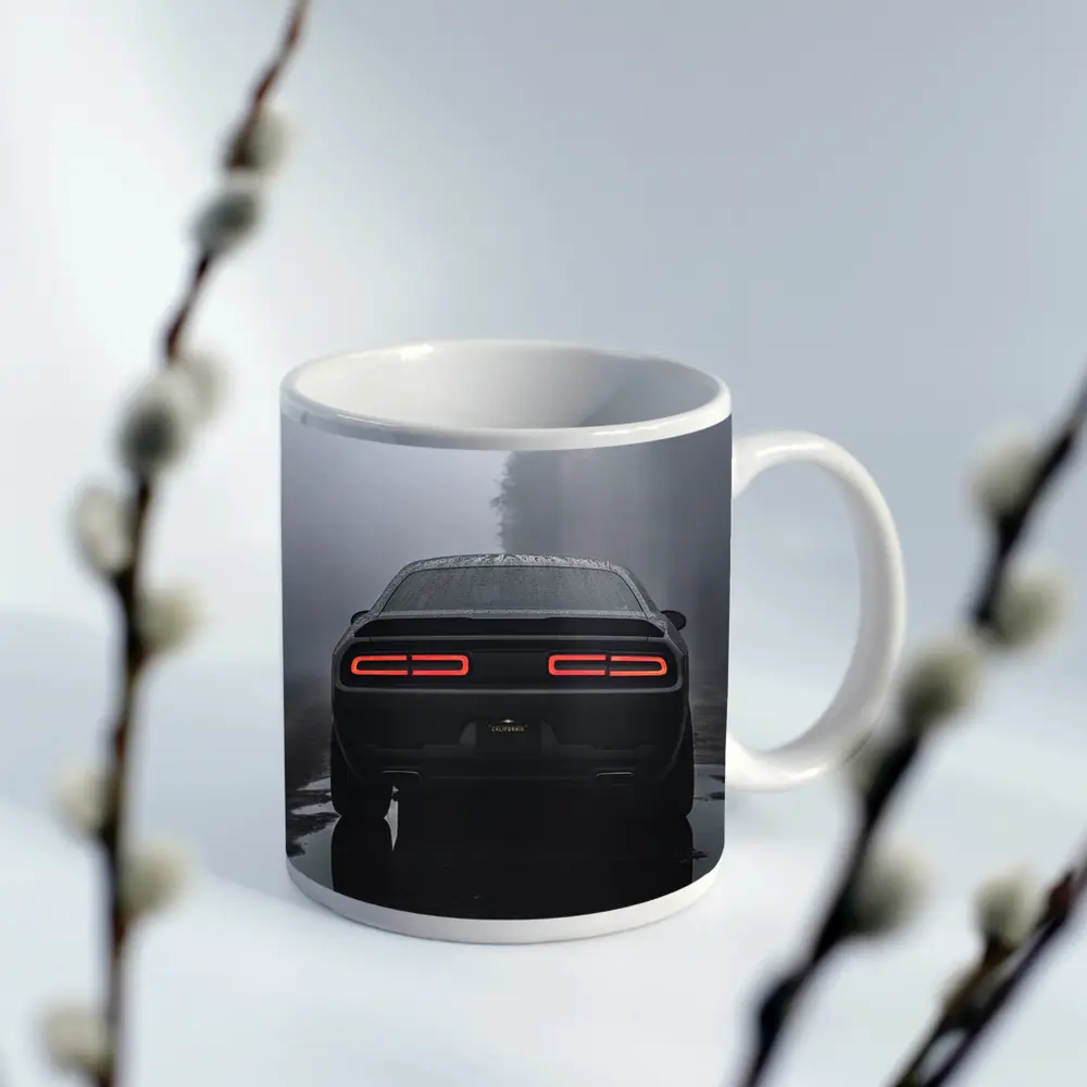 Dodge Challenger Rear View Foggy Rainy Road – Mugs