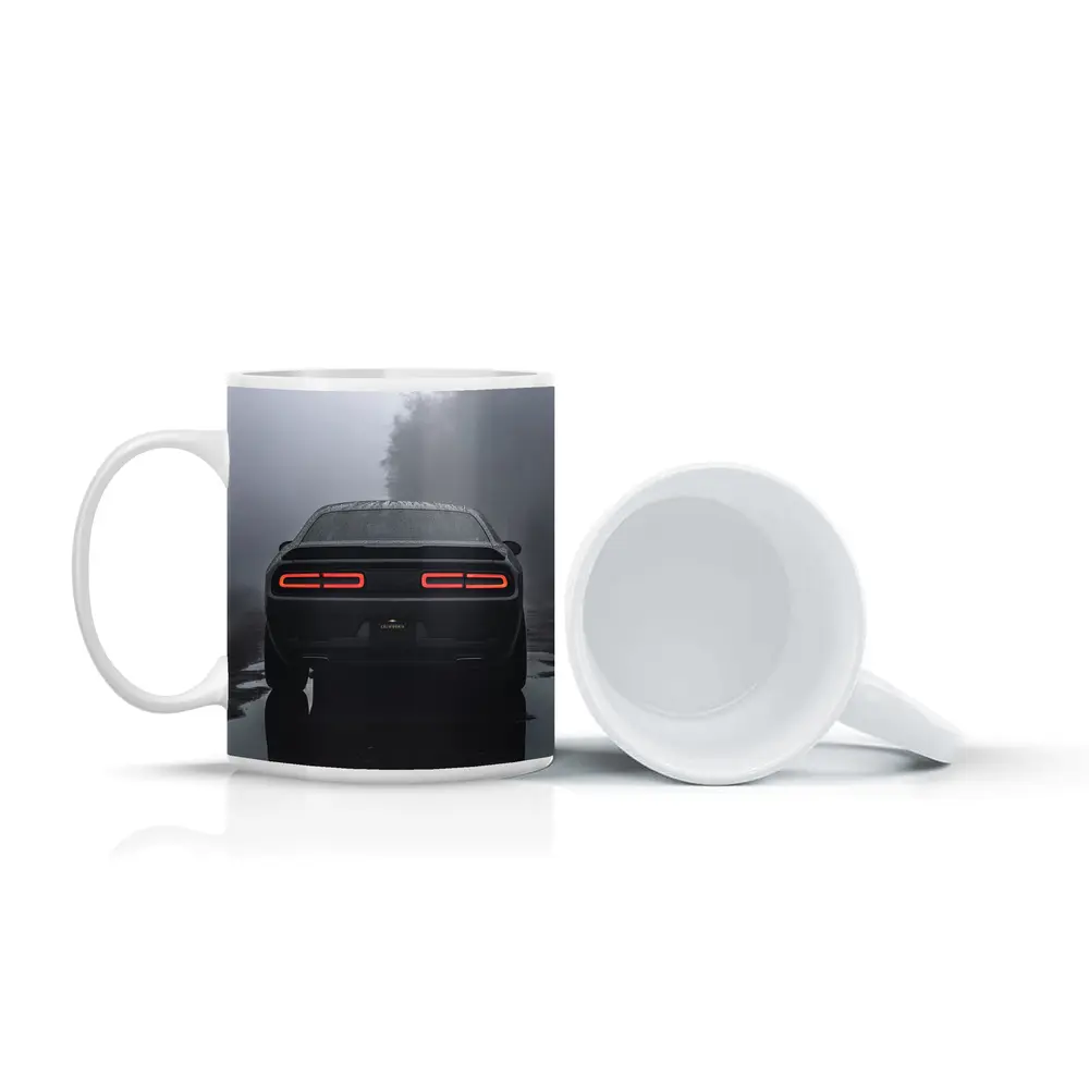 Dodge Challenger Rear View Foggy Rainy Road – Mugs