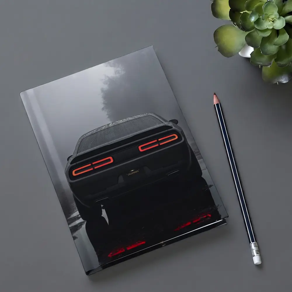 Dodge Challenger Rear View Foggy Rainy Road – Notebooks