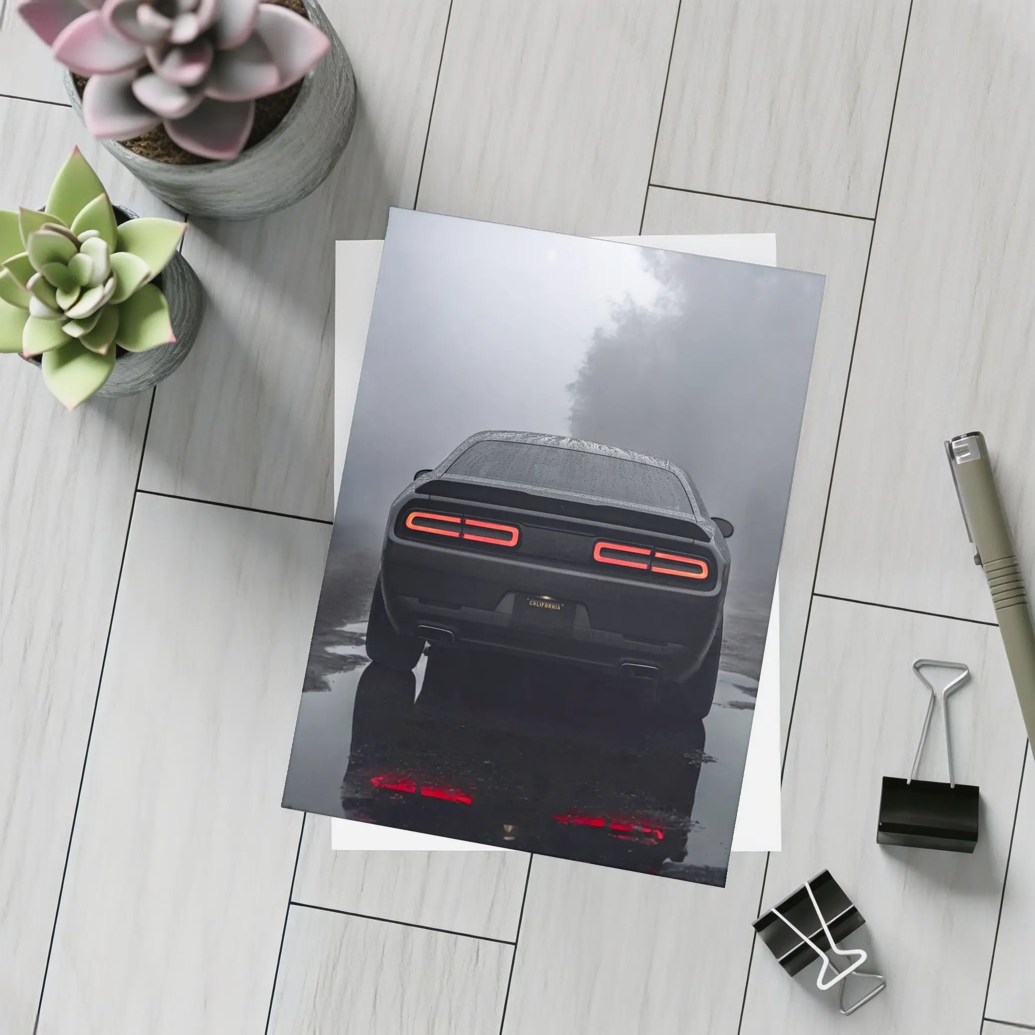 Dodge Challenger Rear View Foggy Rainy Road – Postcards