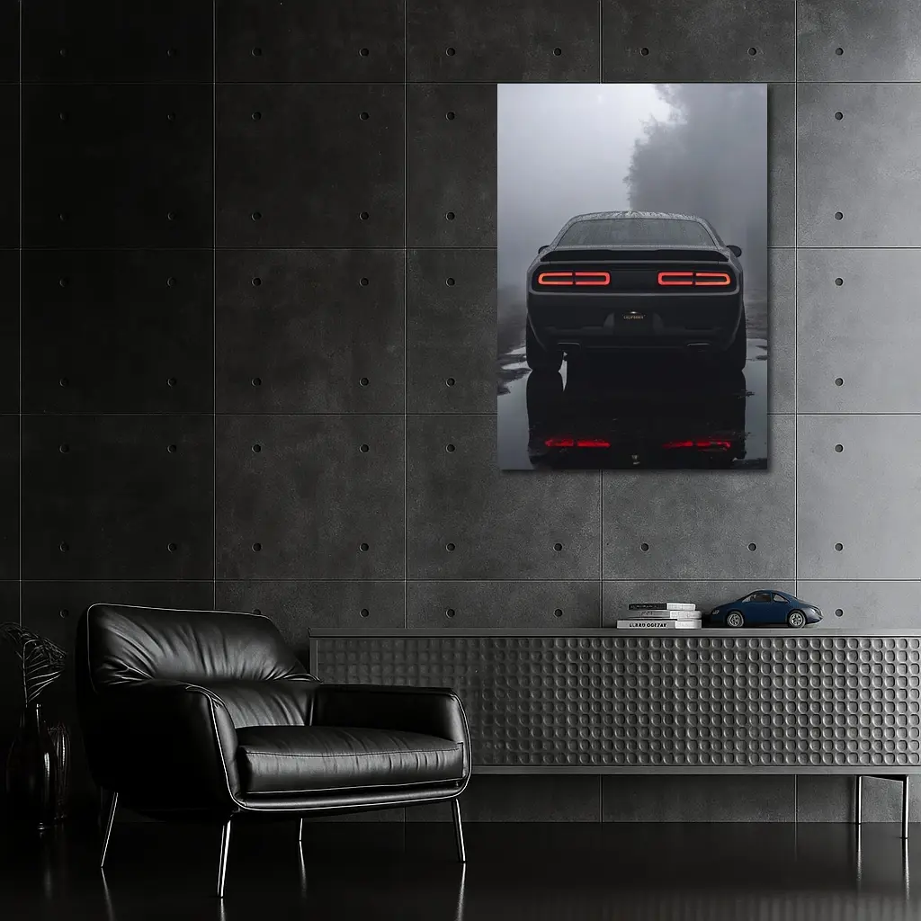 Dodge Challenger Rear View Foggy Rainy Road – Wall Art