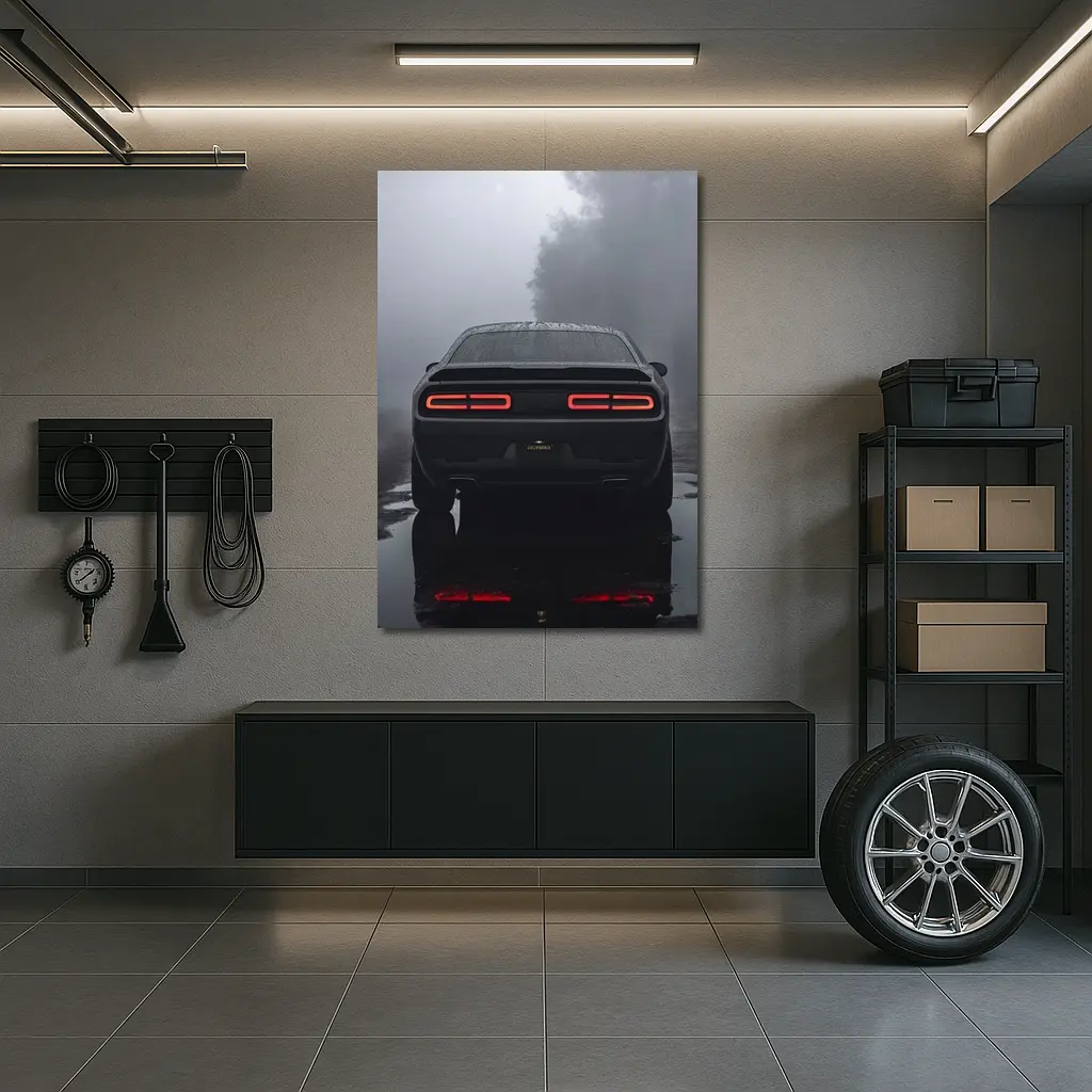 Dodge Challenger Rear View Foggy Rainy Road – Wall Art
