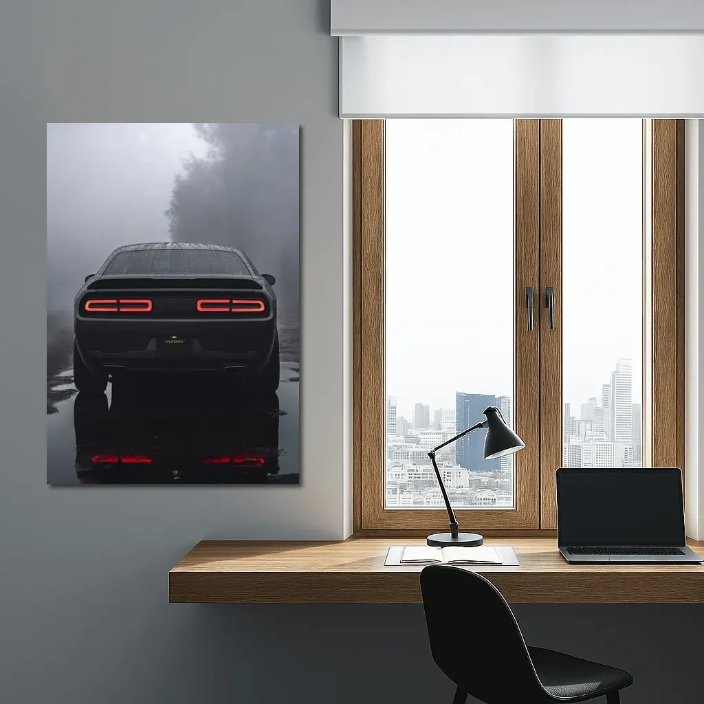 Dodge Challenger Rear View Foggy Rainy Road – Wall Art