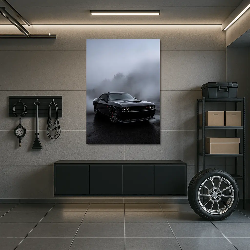 Dodge Challenger SRT Black Foggy Rainy Day – Wall Art