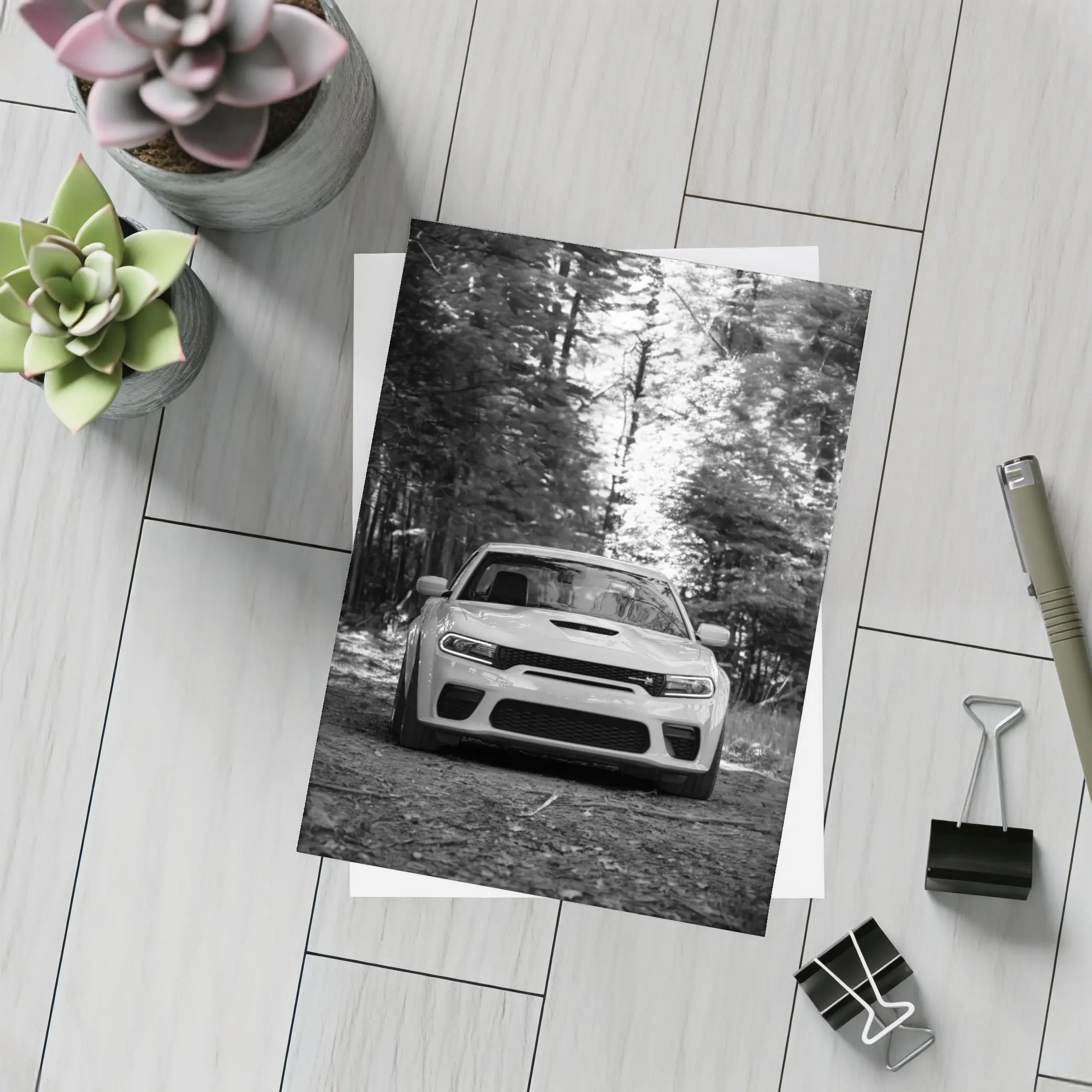 Dodge Charger Front View Forest Black White – Postcards