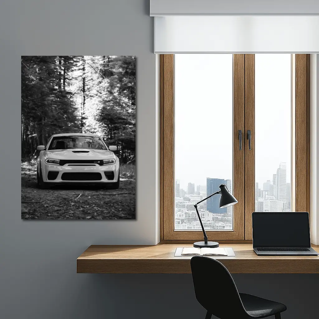 Dodge Charger Front View Forest Black White – Wall Art