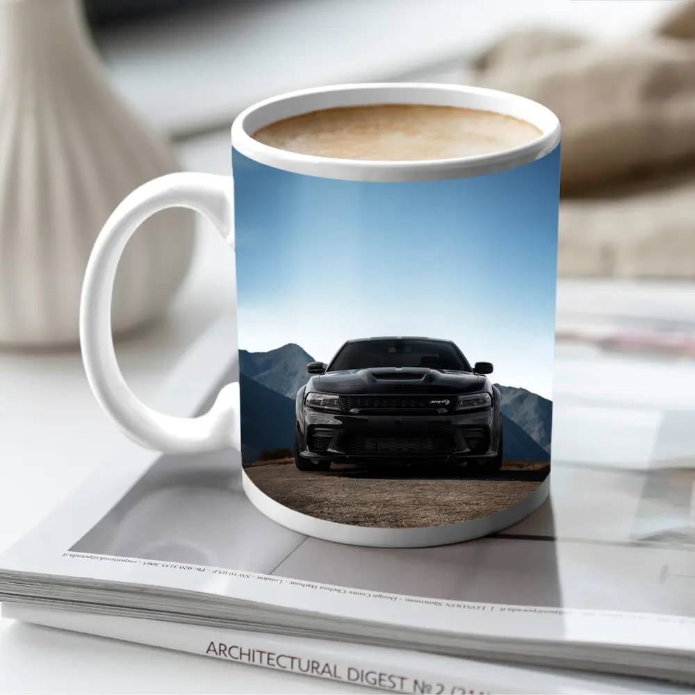 Dodge Charger Black Front View Mountain – Mugs