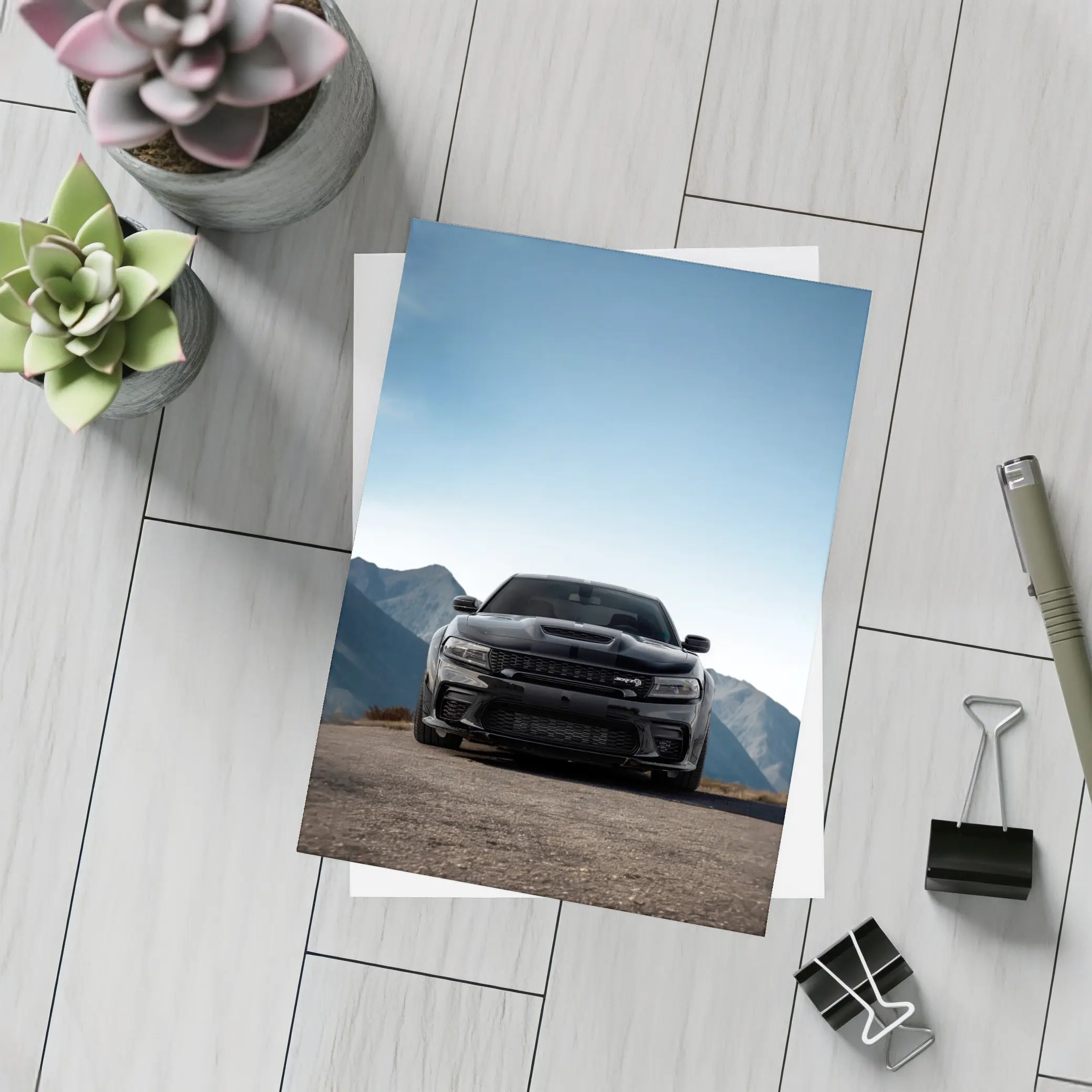 Dodge Charger Black Front View Mountain – Postcards