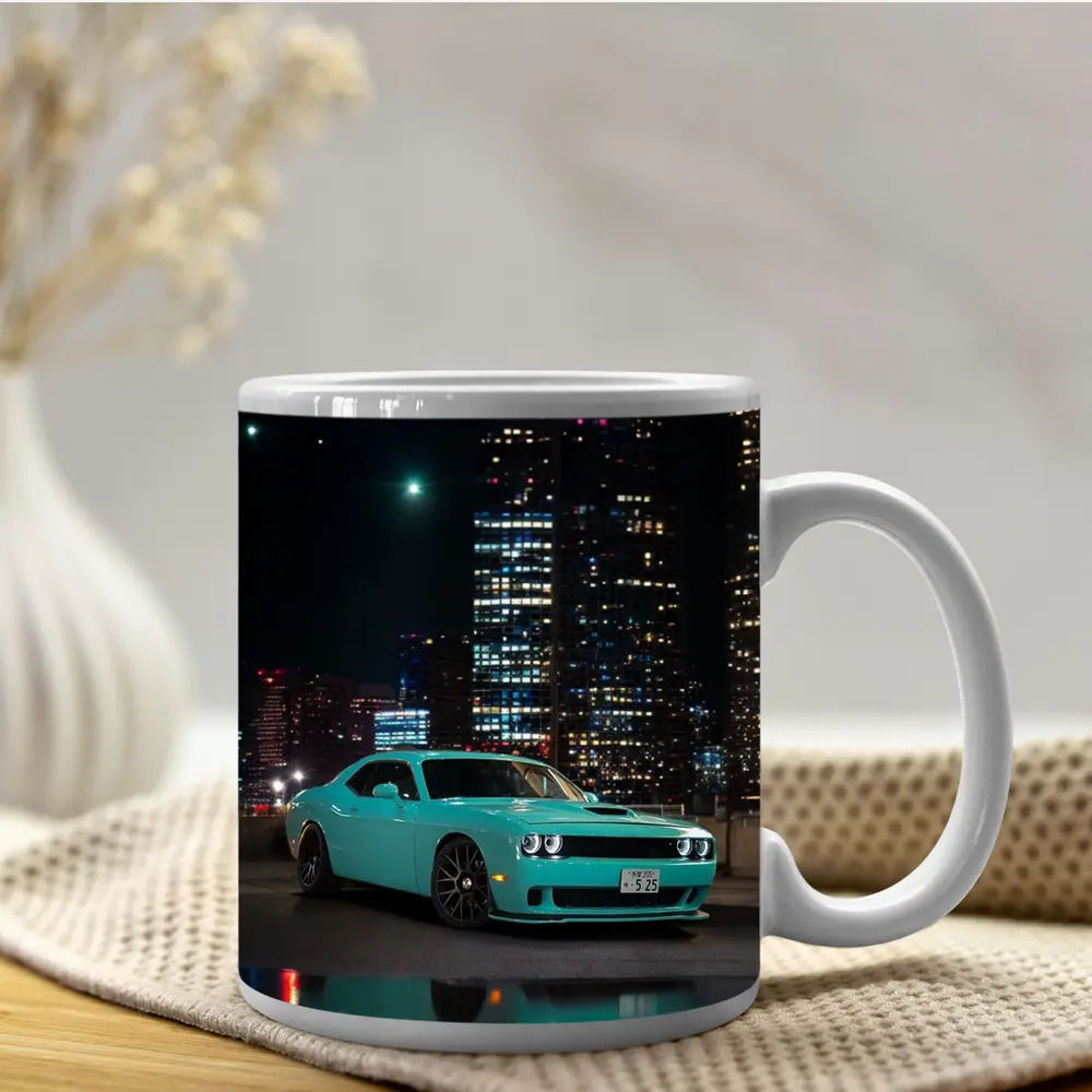 Dodge Challenger Teal Night City Skyline – Mugs