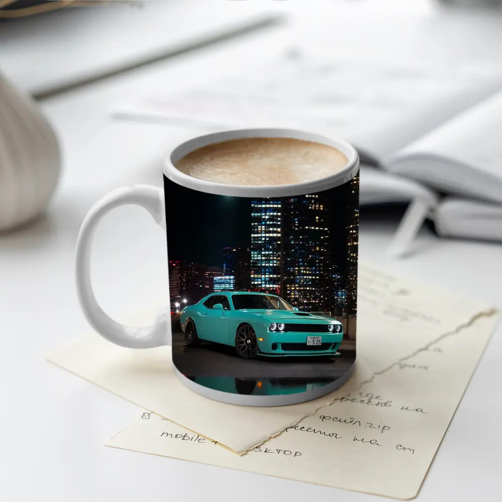 Dodge Challenger Teal Night City Skyline – Mugs