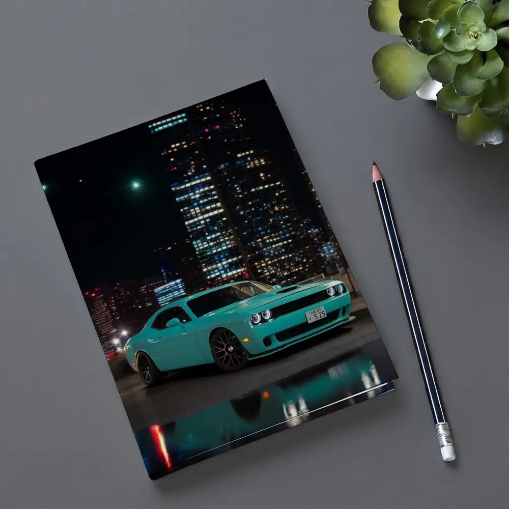 Dodge Challenger Teal Night City Skyline – Notebooks