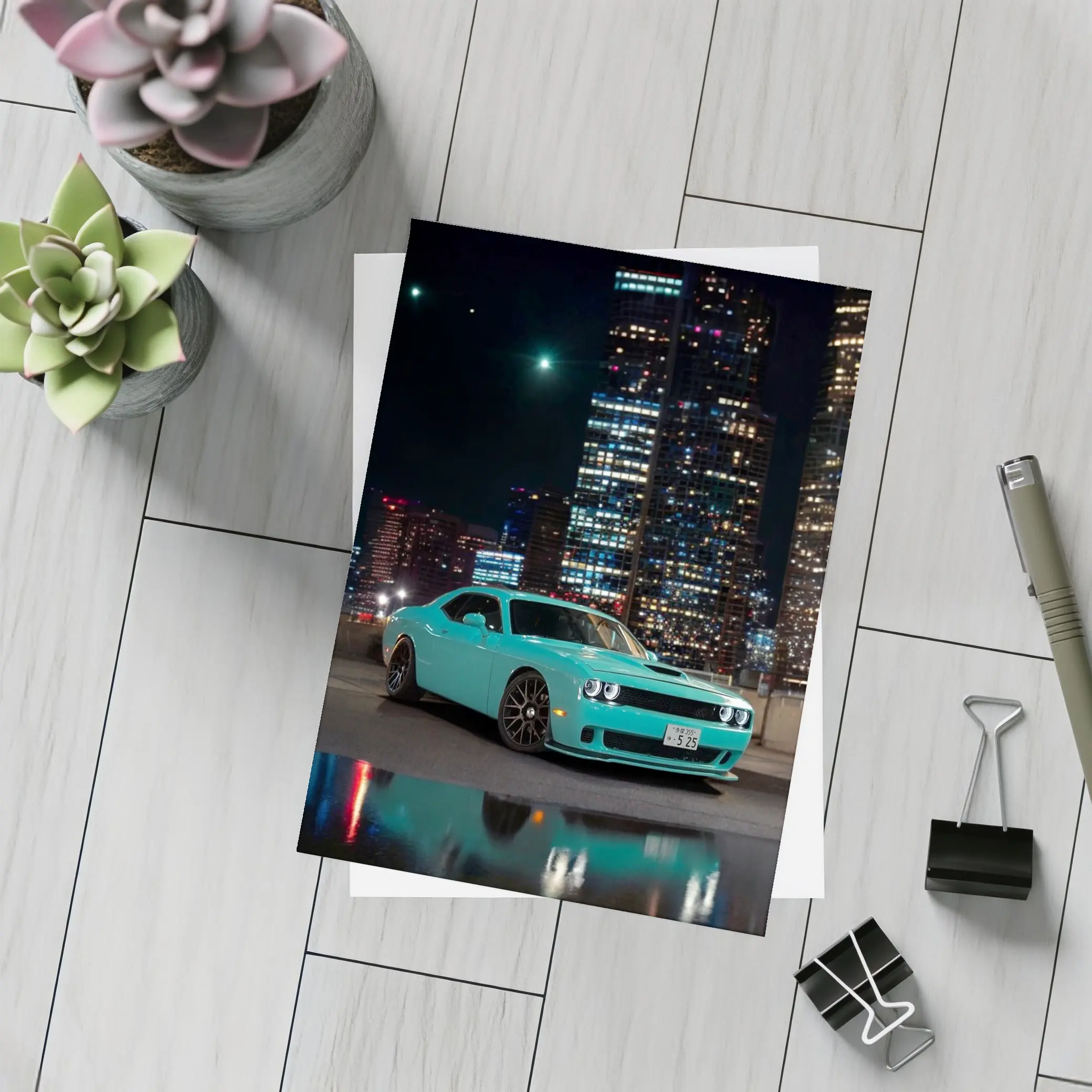Dodge Challenger Teal Night City Skyline – Postcards