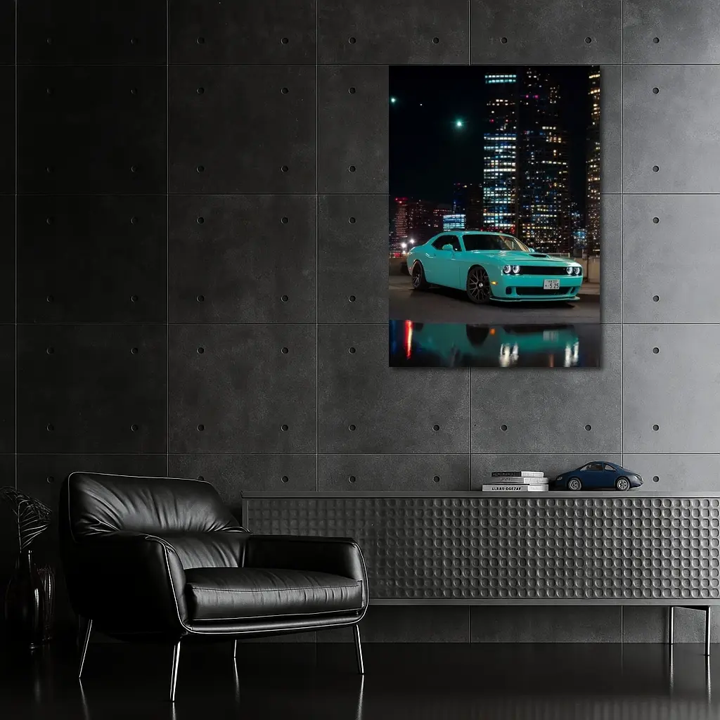 Dodge Challenger Teal Night City Skyline – Wall Art