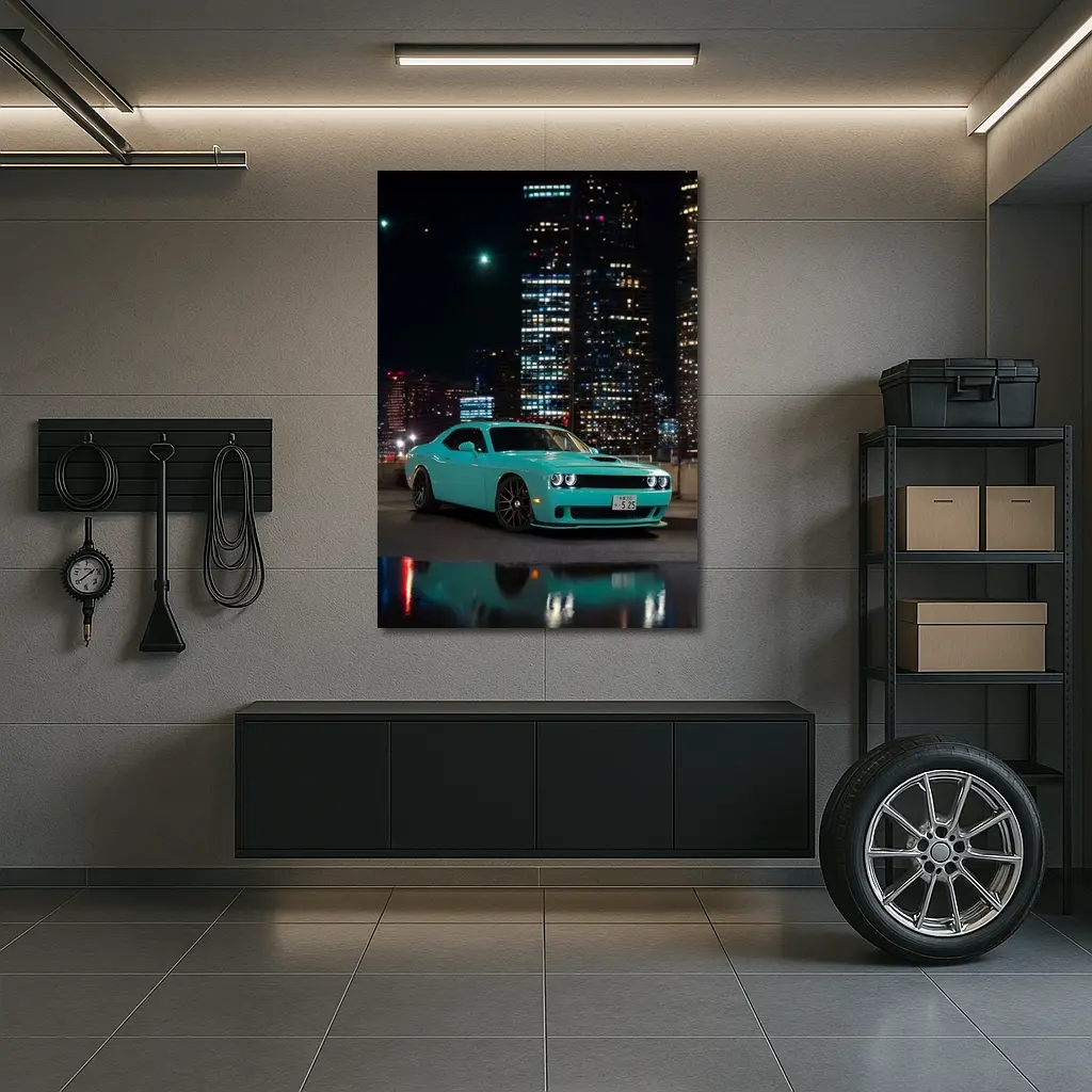 Dodge Challenger Teal Night City Skyline – Wall Art