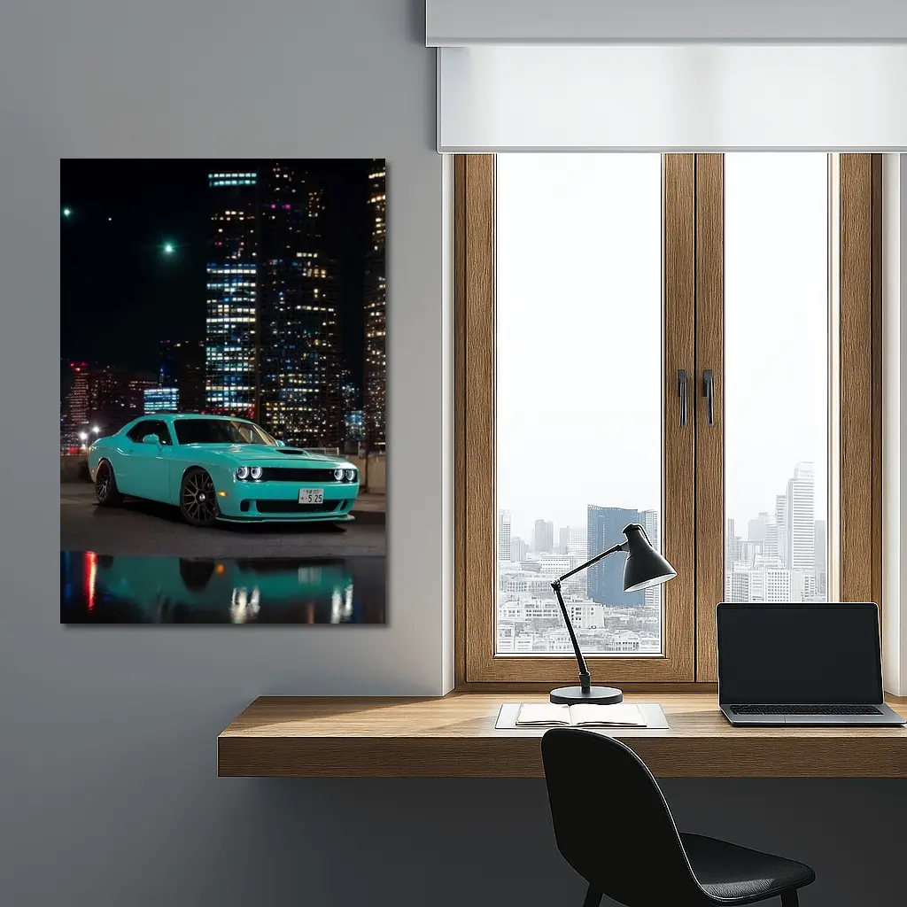 Dodge Challenger Teal Night City Skyline – Wall Art