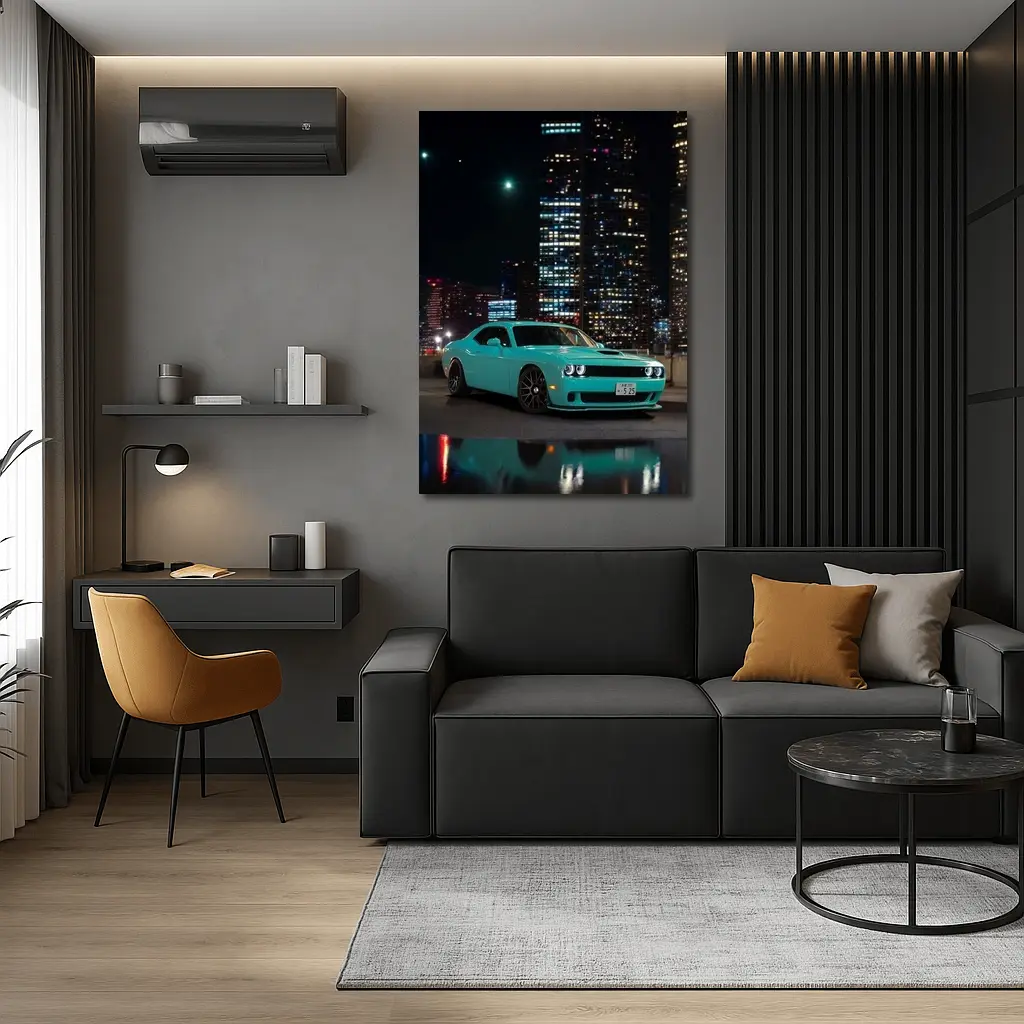 Dodge Challenger Teal Night City Skyline – Wall Art