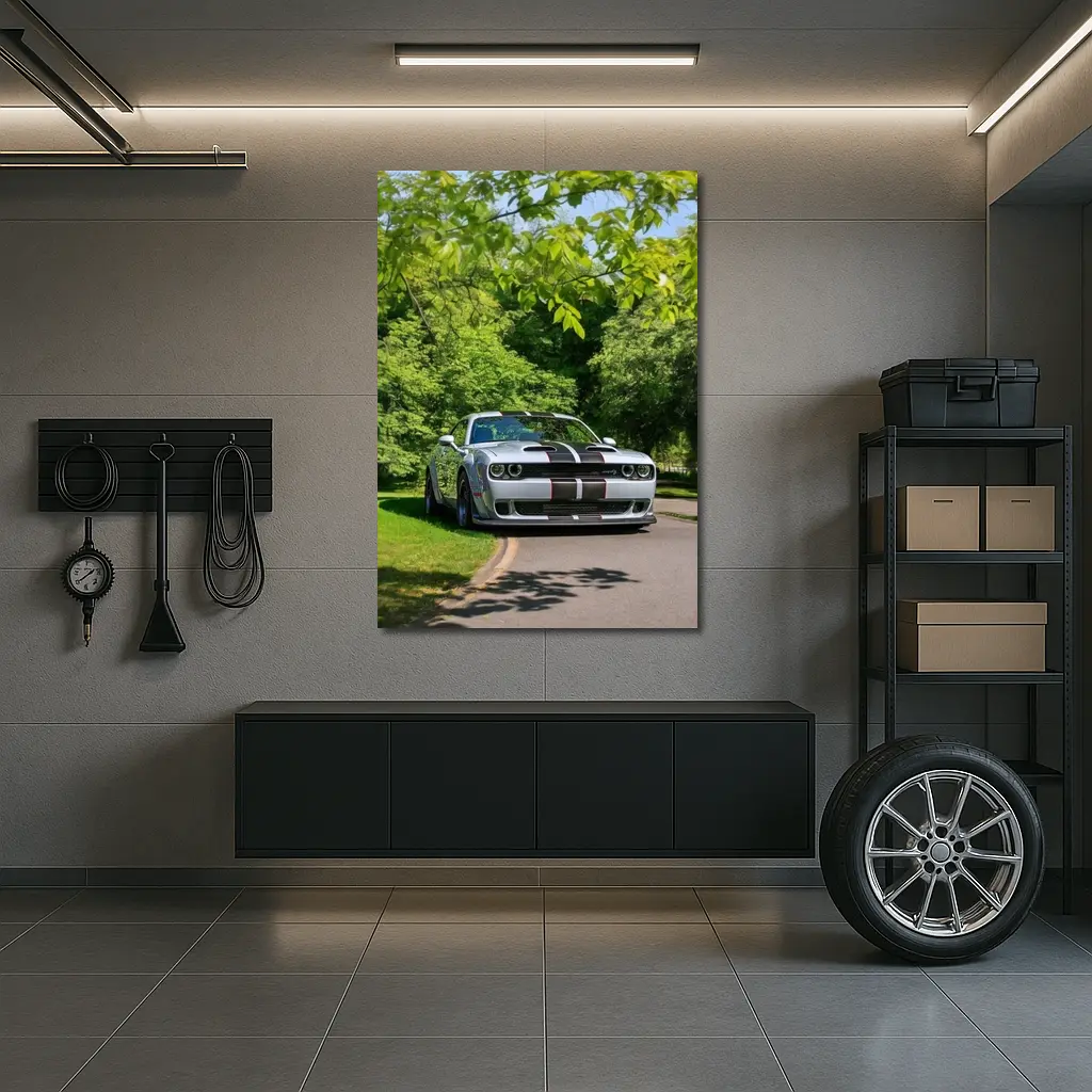 Dodge Challenger Silver Stripes Green Park – Wall Art