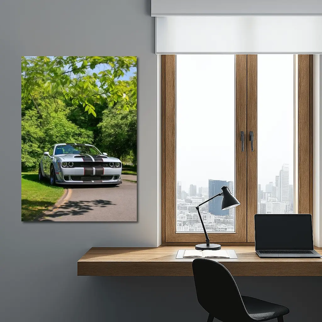 Dodge Challenger Silver Stripes Green Park – Wall Art