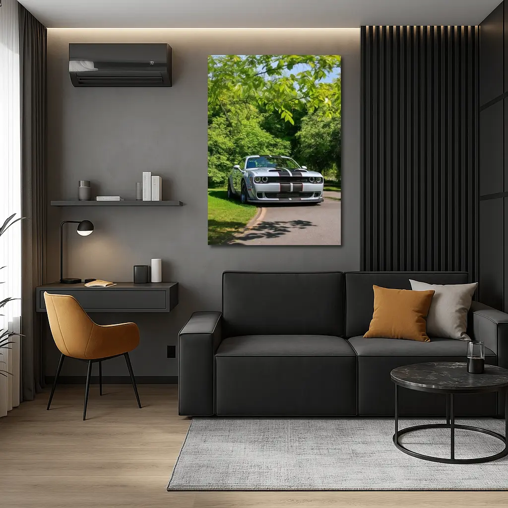Dodge Challenger Silver Stripes Green Park – Wall Art