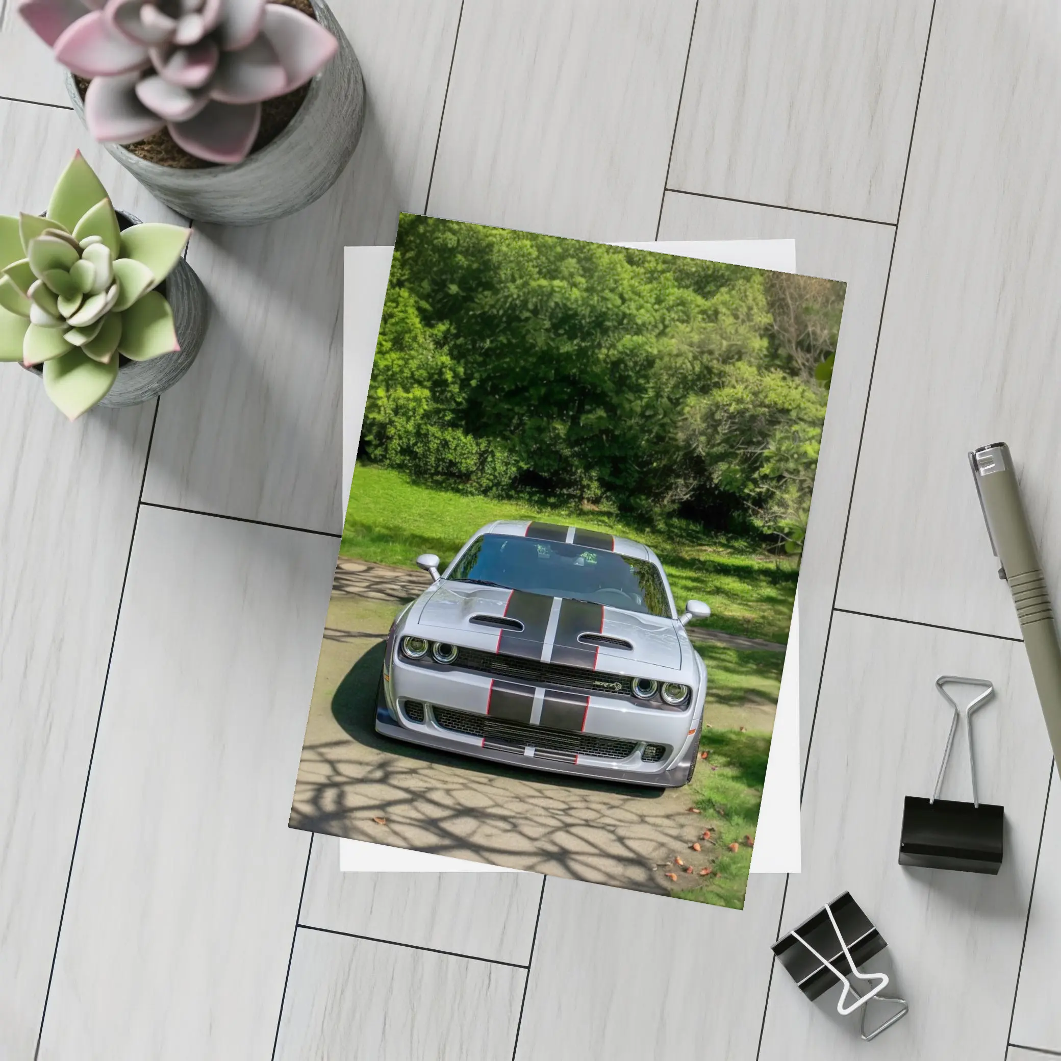 Dodge Challenger Widebody Silver Racing Stripes Park – Postcards