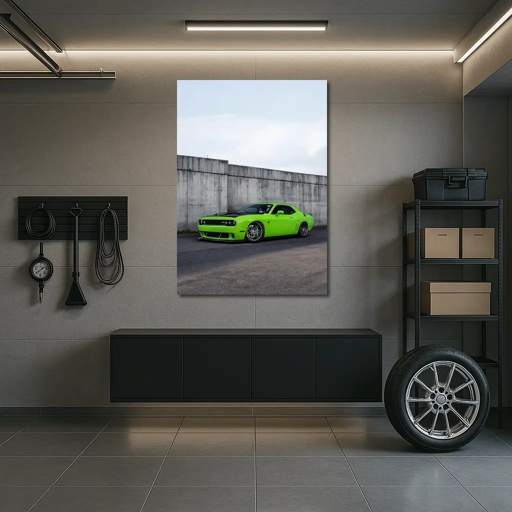Dodge Challenger Green Muscle Car Concrete Wall – Wall Art