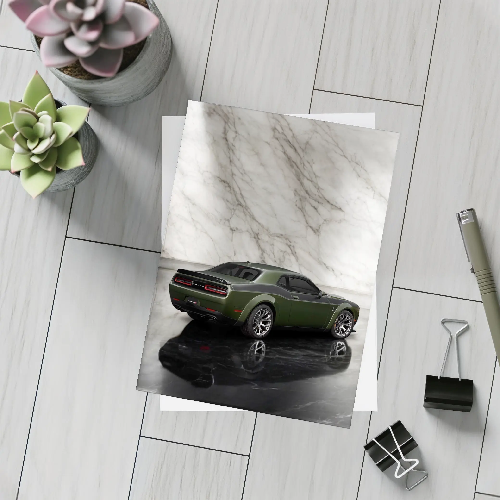 Dodge Challenger Green Against Marble Wall – Postcards