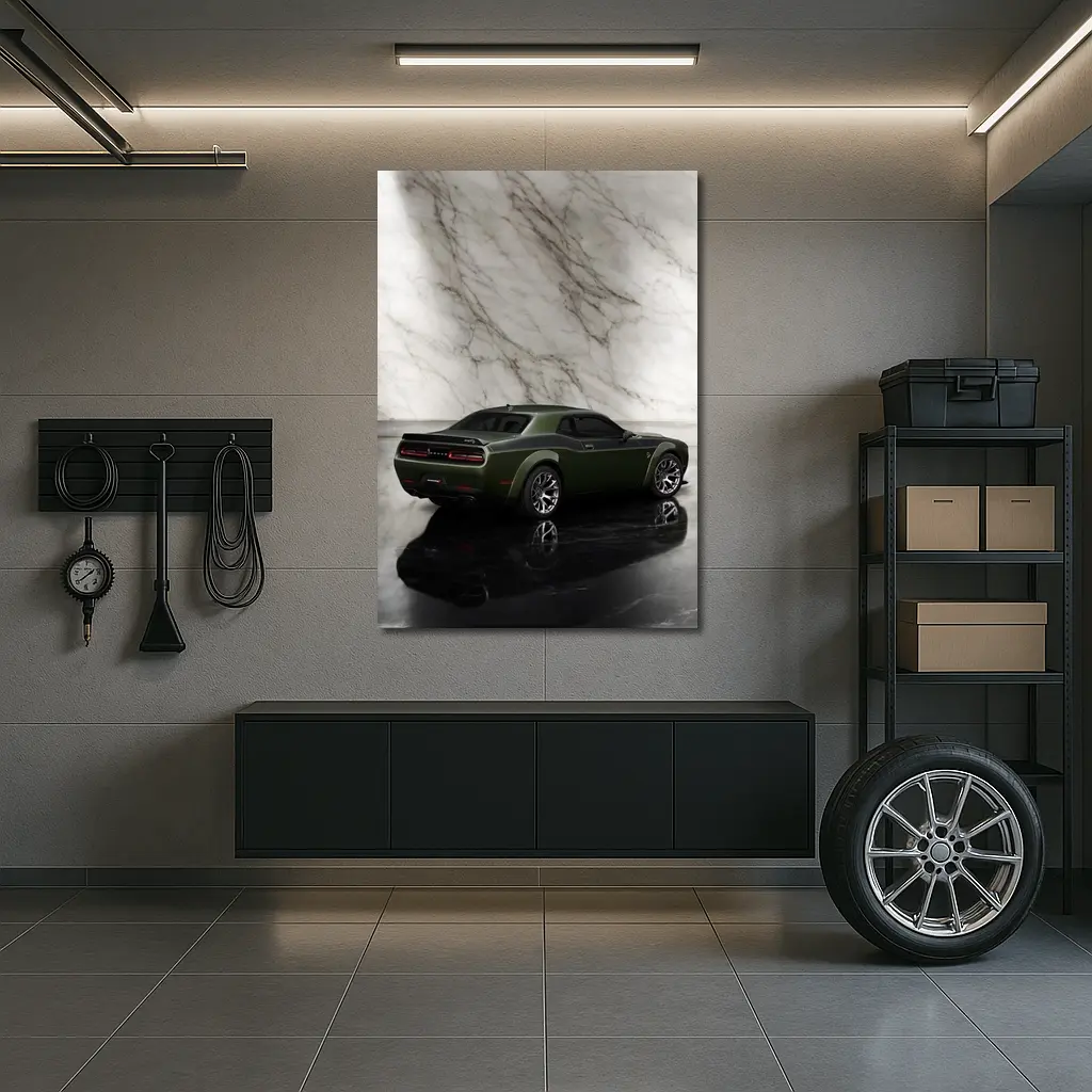 Dodge Challenger Green Against Marble Wall – Wall Art