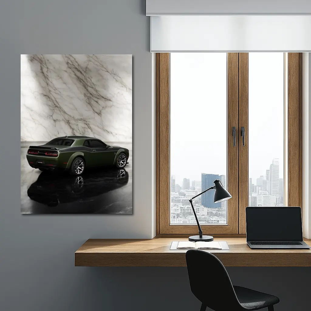 Dodge Challenger Green Against Marble Wall – Wall Art