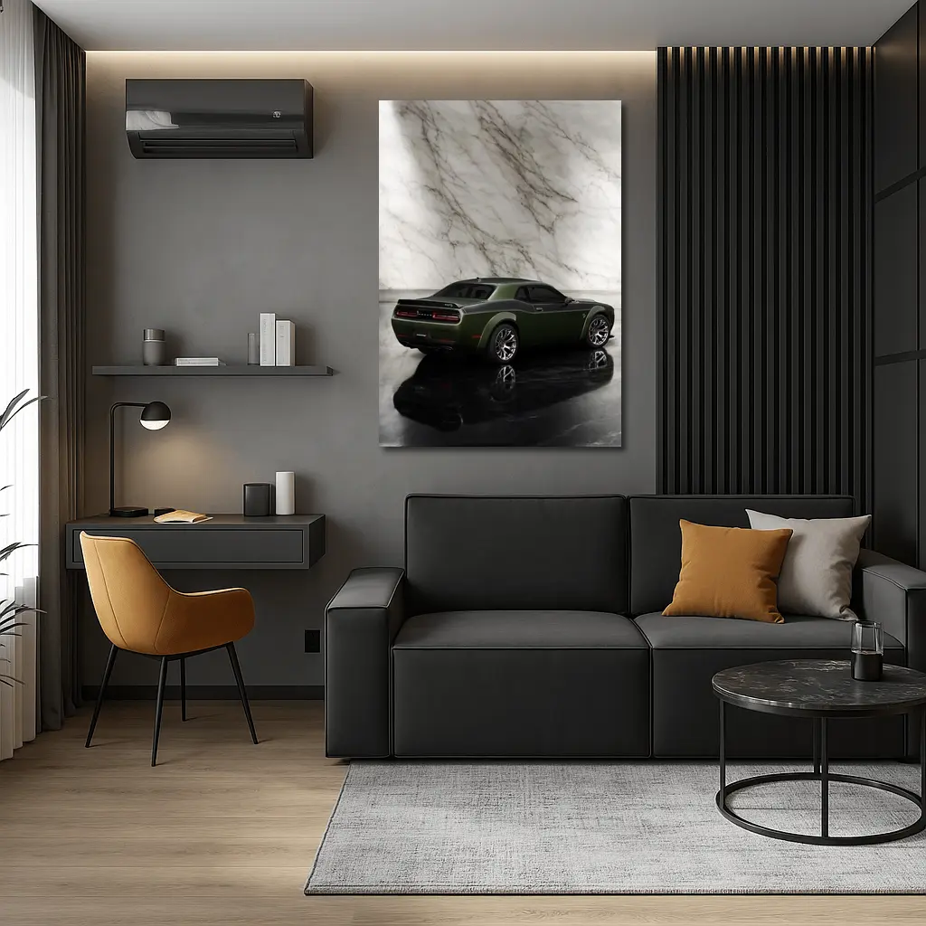 Dodge Challenger Green Against Marble Wall – Wall Art