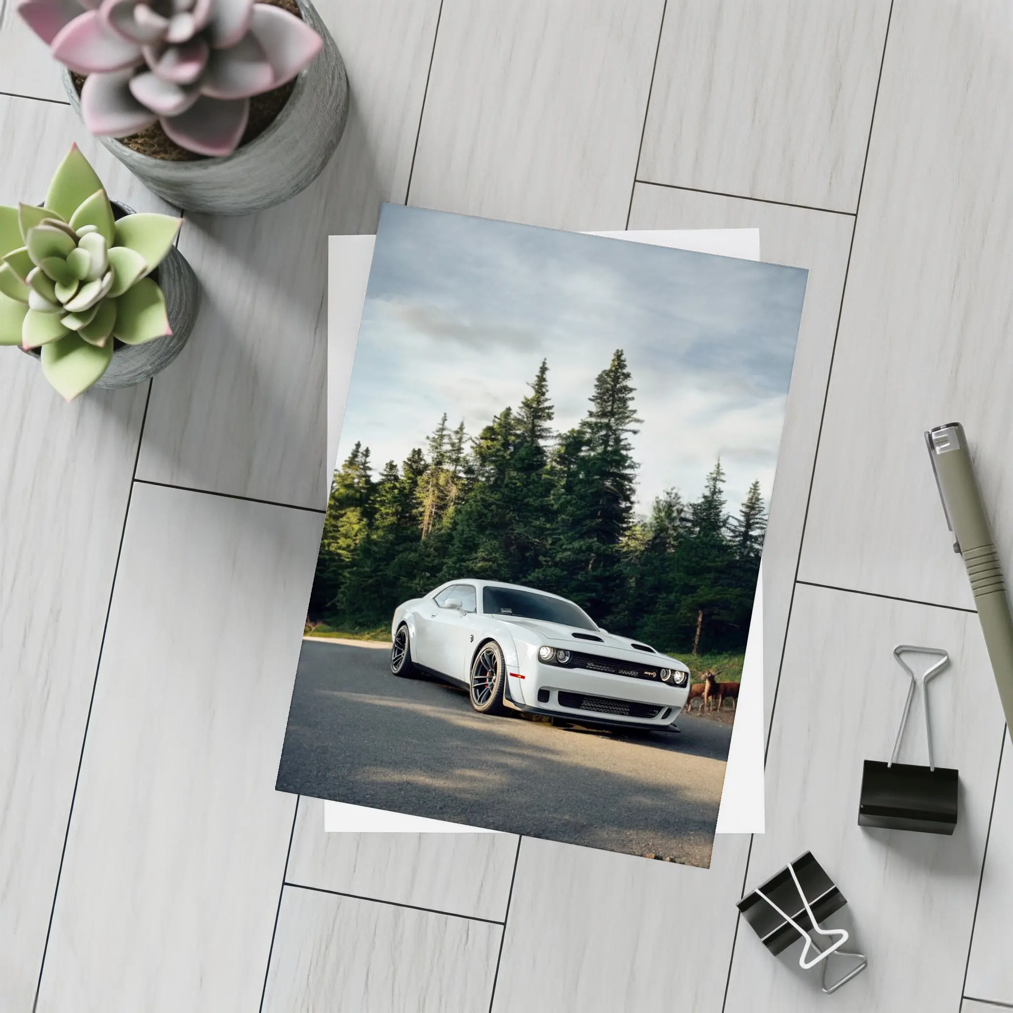 Dodge Challenger Hellcat White Forest Road – Postcards
