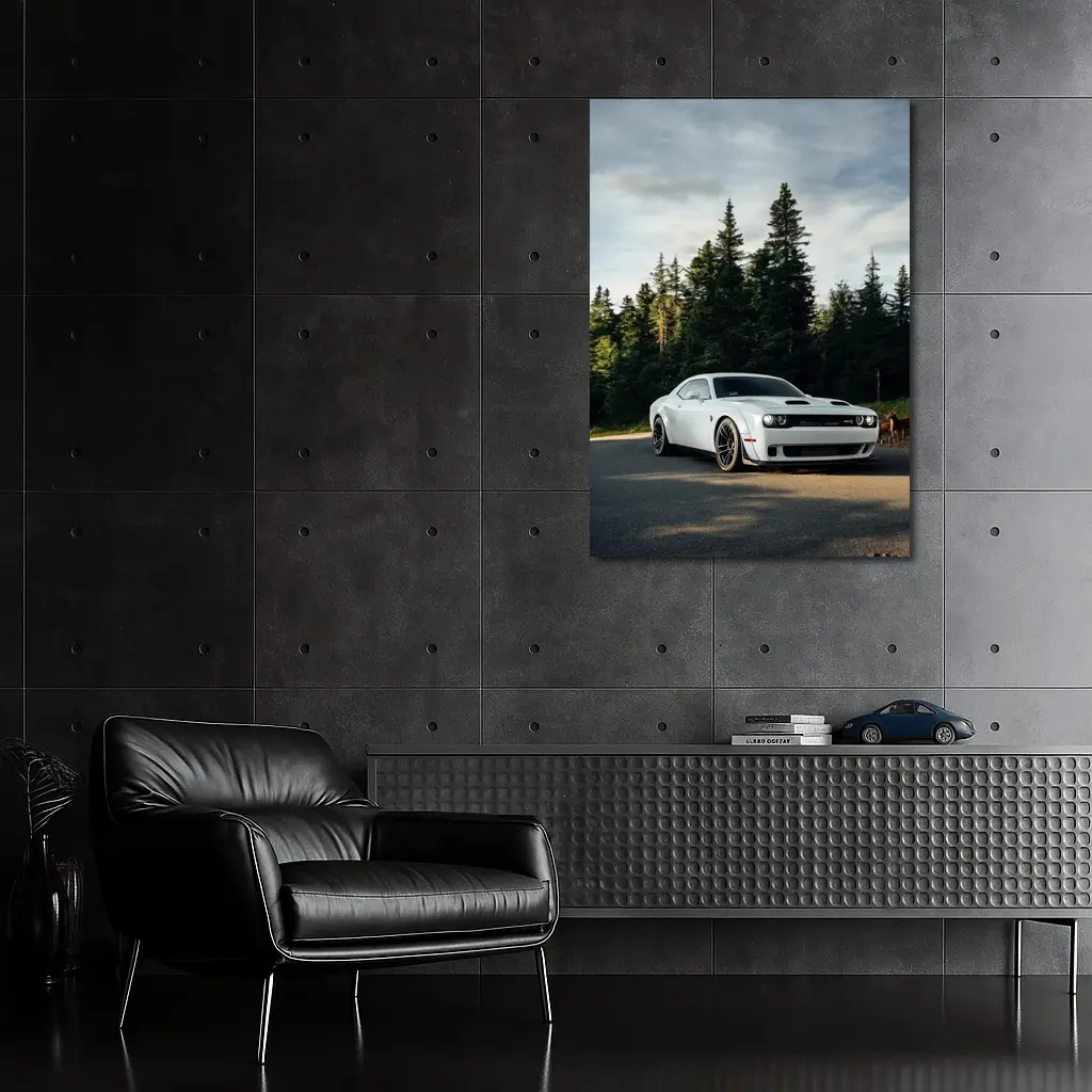 Dodge Challenger Hellcat White Forest Road – Wall Art