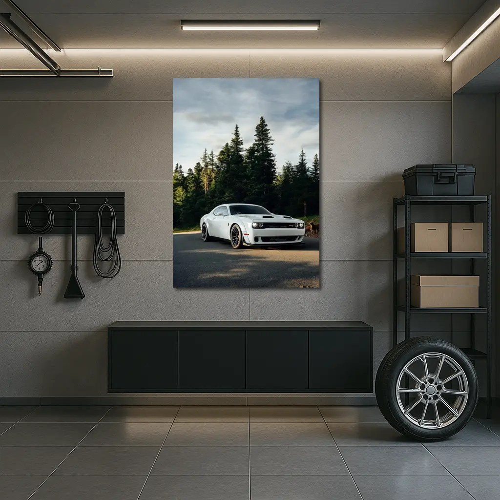 Dodge Challenger Hellcat White Forest Road – Wall Art