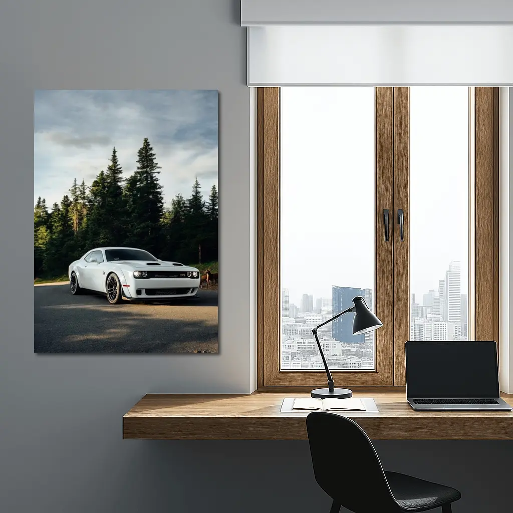 Dodge Challenger Hellcat White Forest Road – Wall Art
