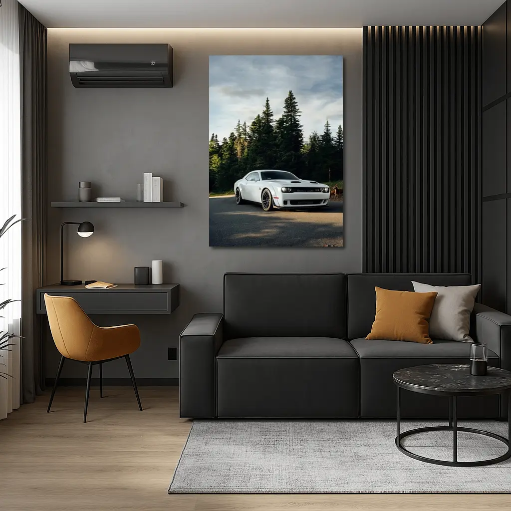 Dodge Challenger Hellcat White Forest Road – Wall Art